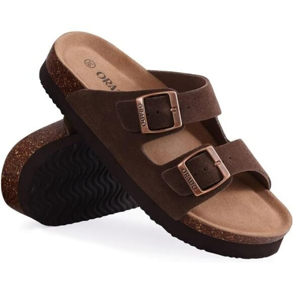 Platform Suede Sandals for Women Cork Footbed Adjustable Buckle Summer Slides - Picture 3 of 8